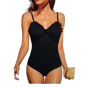 Charmo Women Black Ribbed One Piece Ruffle V Neck Swimsuit Size: Medium